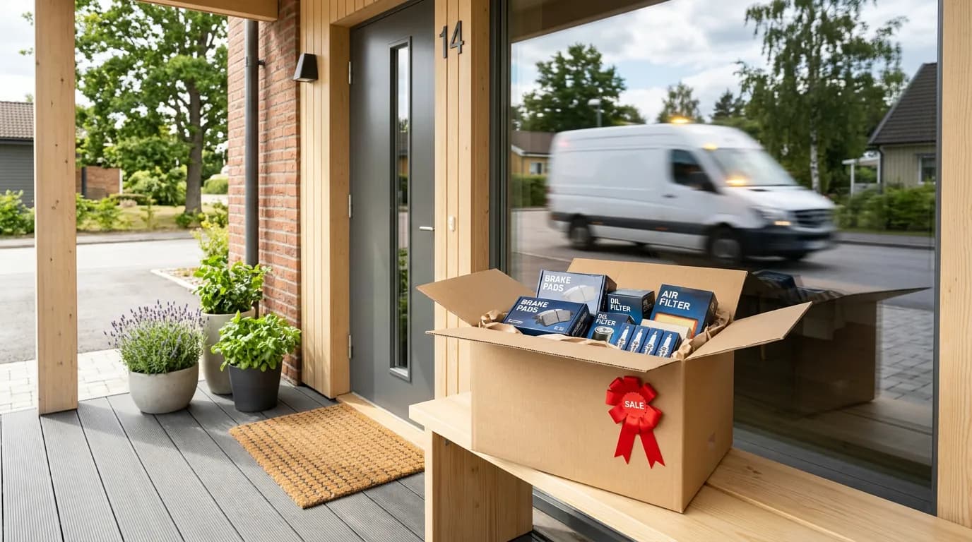 Snabb leverans av bildelar — paket vid dörren