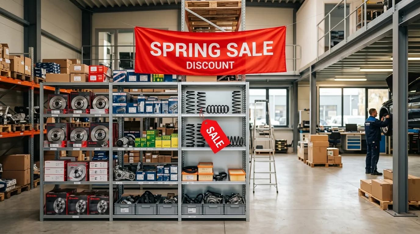 Kampanj på reservdelar — organiserat lager med bildelar