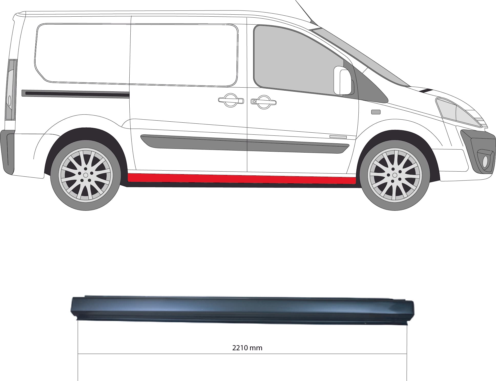 Tröskel hö, för bil med skjutdörr, förlängd bil (234cm lång) — Höger från Galwin